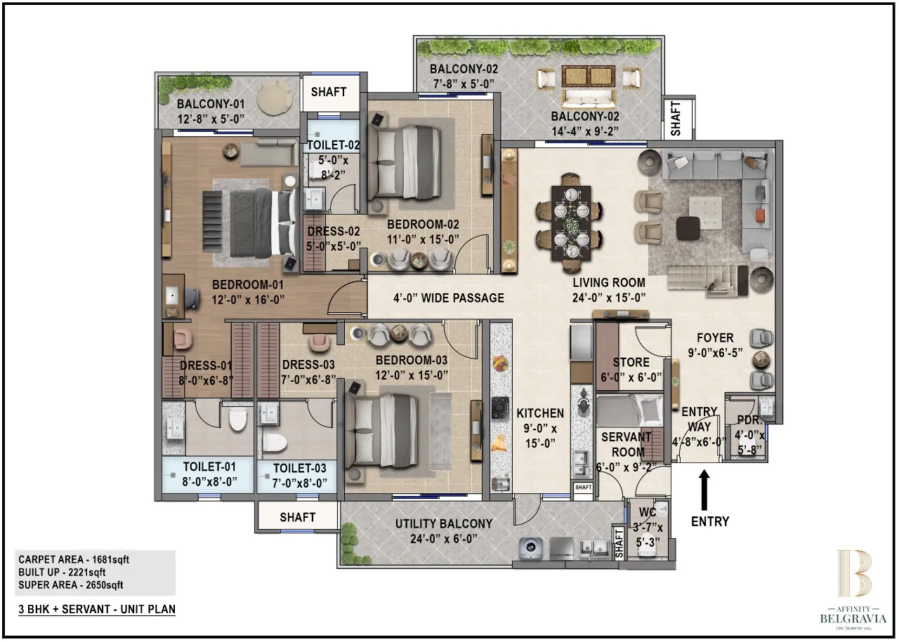 3 BHK plus servant plan