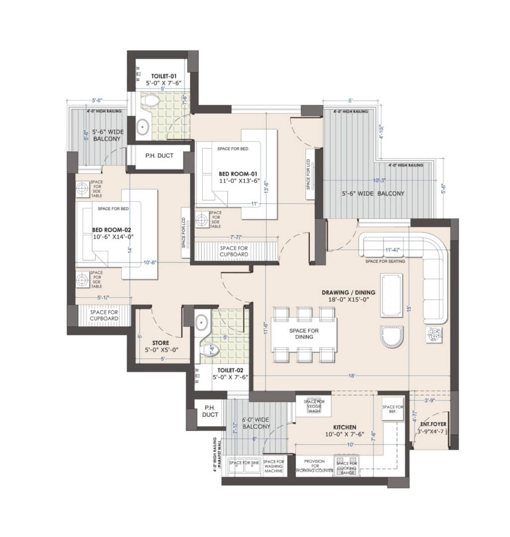 02/Bedroom Floor Plan - 1305 sq.ft