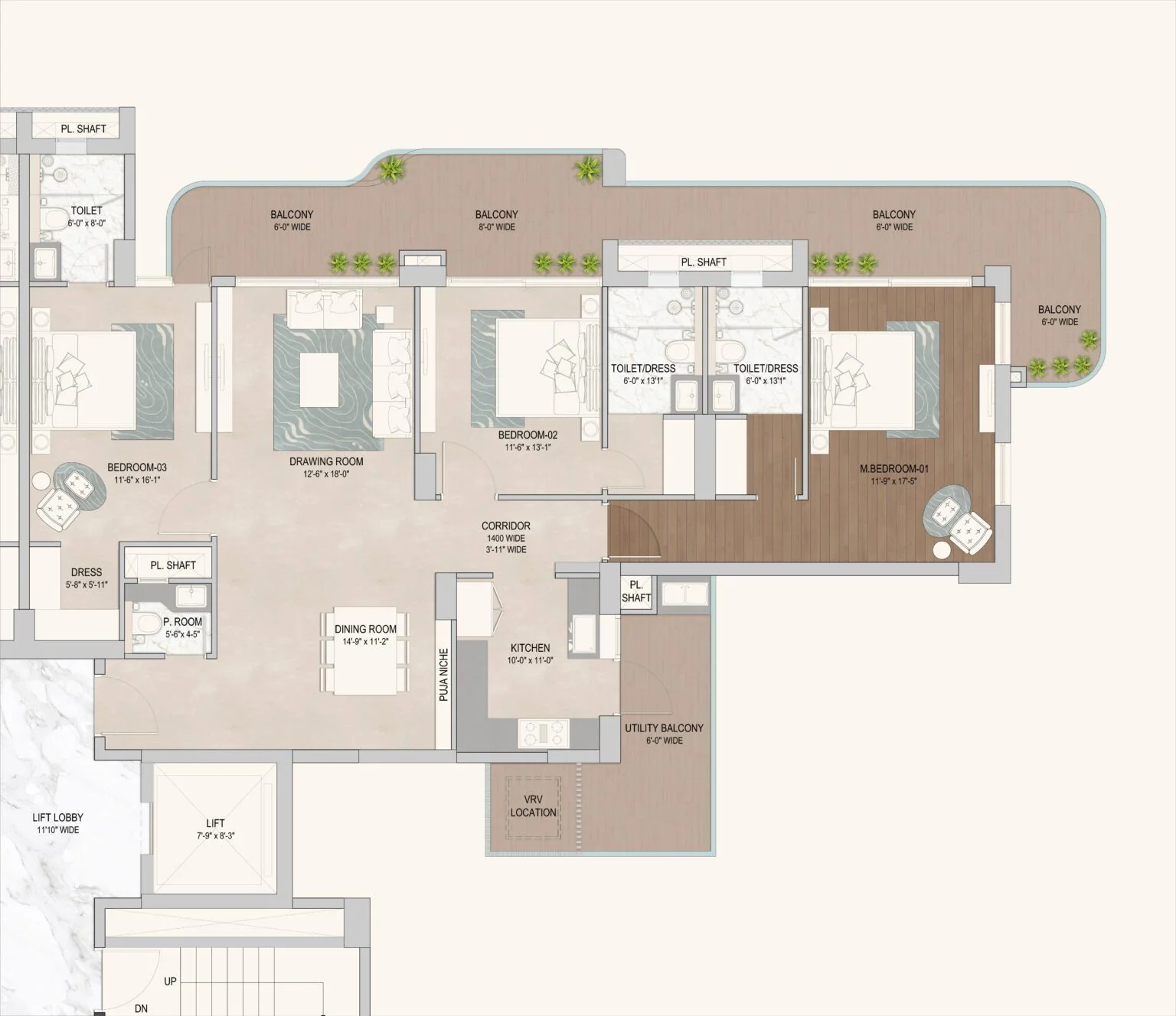 Tower 1 - 3 BHK Typical Floor Plan