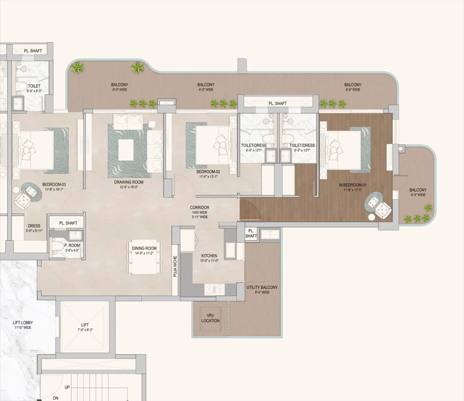 Tower 2 - 3 BHK Typical Floor Plan