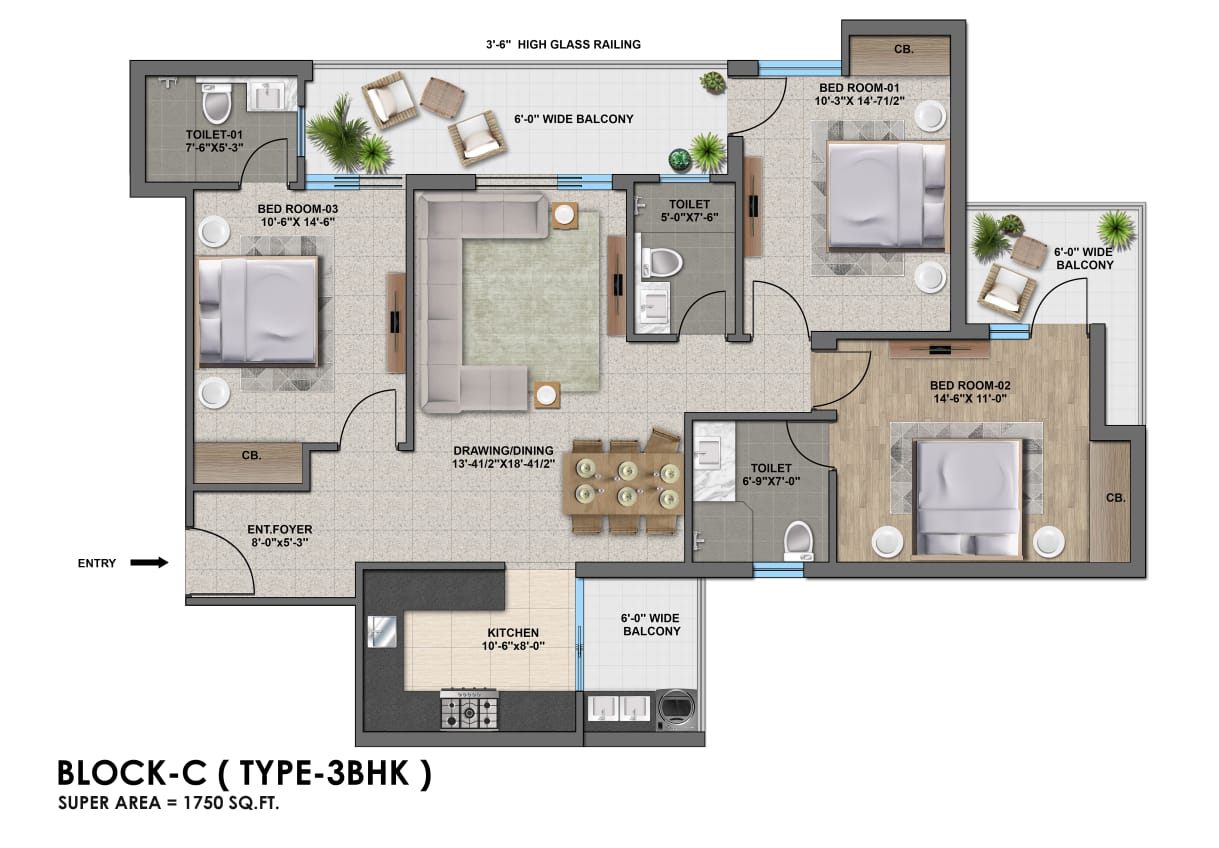 Block C type 3BHK floor plan
