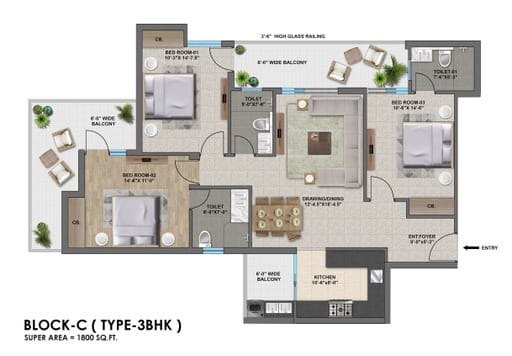 Block C type 3BHK floor plan 1800
